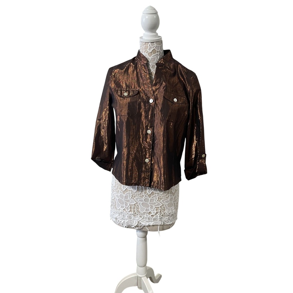 Ruby Rd Petite Metallic Bronze Button Up Shirt 3/4 Sleeve Shimmer Top 12P